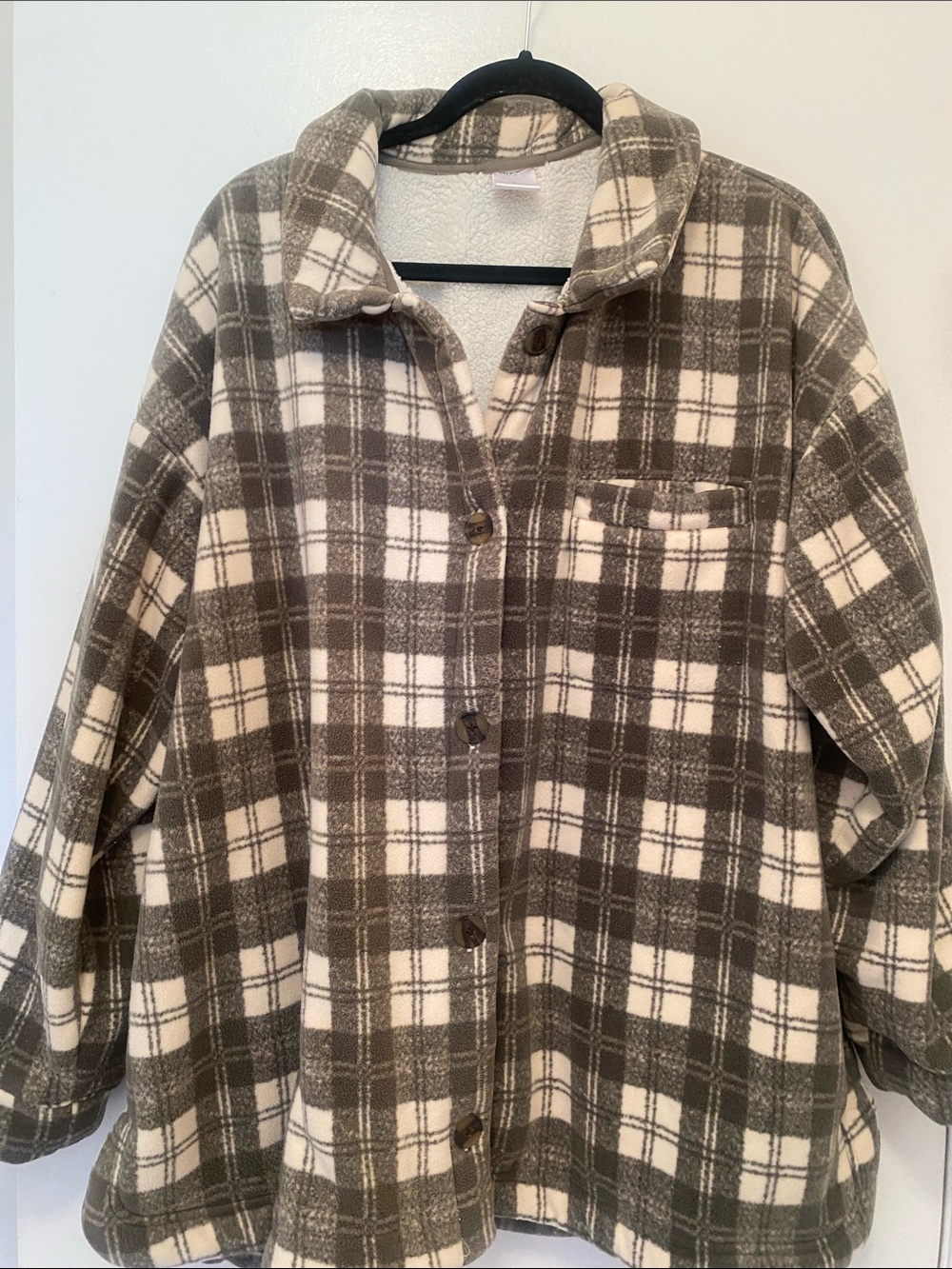 Cuddl Duds Plaid Teddy Shacket - Cream & Olive Green 2X